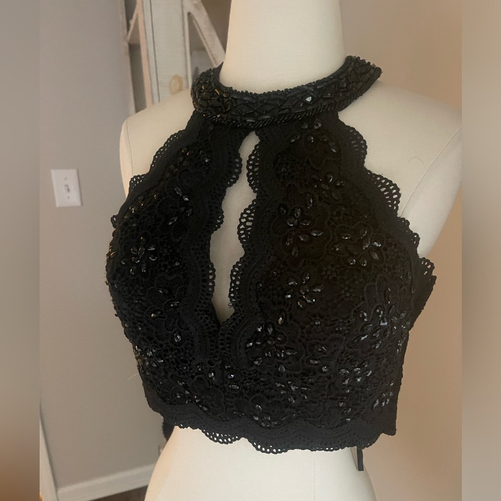 Rachel Allan black sequin formal halter crop top prom 6 homecoming